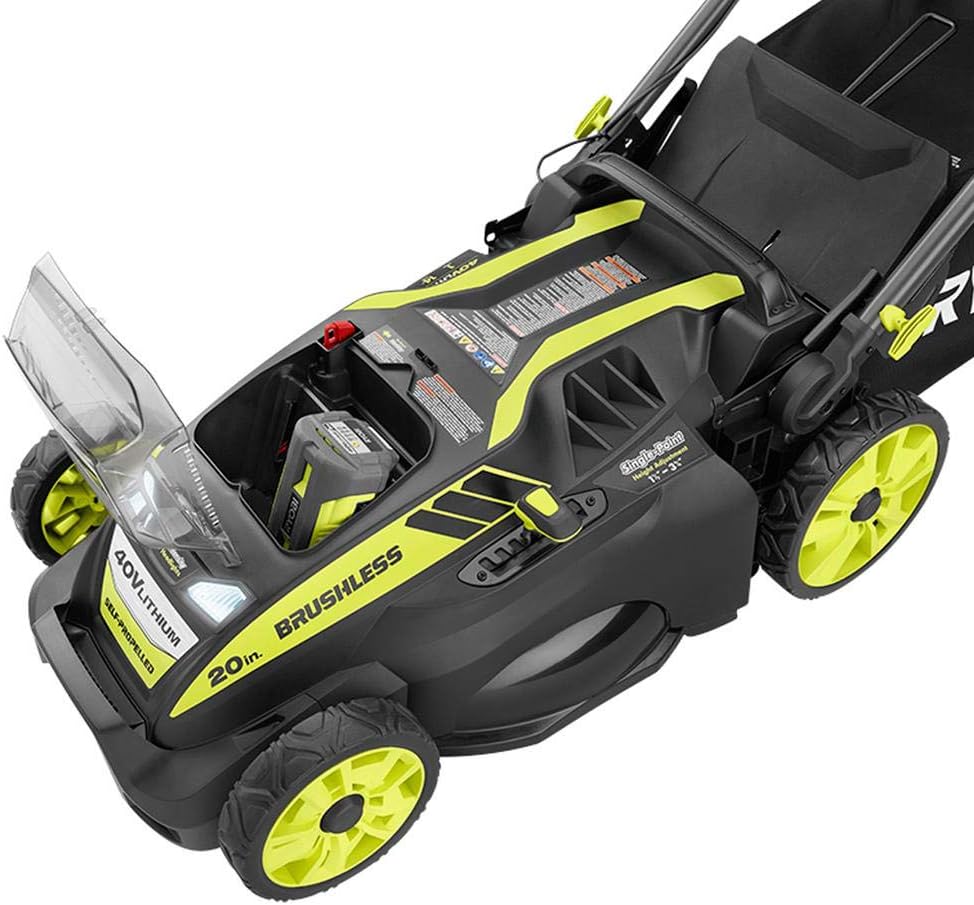 Ryobi. 20' RY40190 40-Volt Brushless Lithium-Ion Cordless Battery Self Propelled Lawn Mower with 5.0 Ah Battery and Charger Included