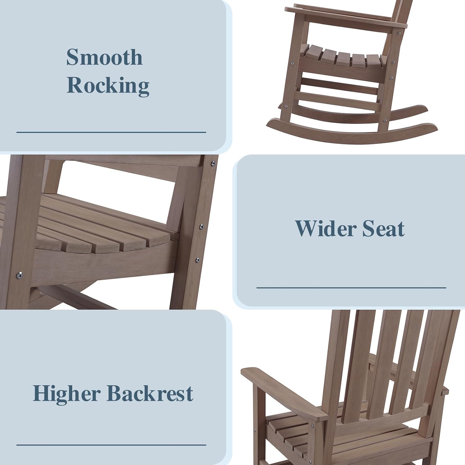 Psilvam Oversized Outdoor Rocking Chair, HDPE Porch Rocker Chairs for Adults, All Weather Resistant Rocking Chairs for Patio Lawn Garden, 350lbs Weight Capacity (Brown)
