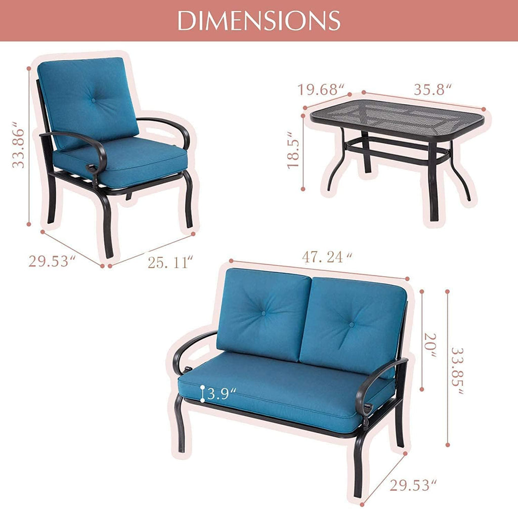 5Pcs Patio Conversation Set Outdoor Wrought Iron Furniture Set with 1 Glider,1 Loveseat, 2 Single Chairs, and Coffee Table, for Courtyard, Garden, Backyard(Peacock Blue)