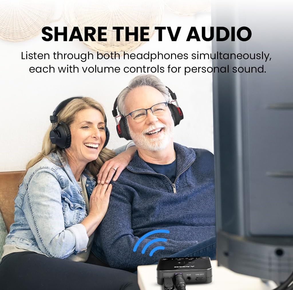 Avantree HT41899 Plus 2 - Dual Bluetooth Wireless Headphones for TV Watching with Transmitter & Charging Docks, aptX Adaptive & Low Latency Support, Compatible with Optical & 3.5mm AUX TVs