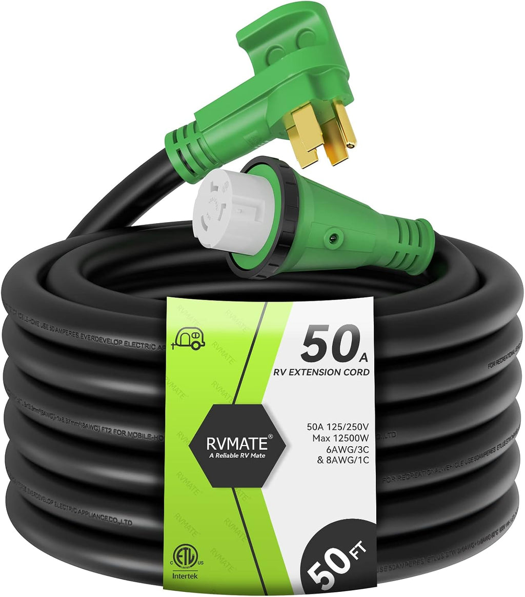 RVMATE 50 Amp 50 Feet RV Lockable Power Extension Cord, Easy Plug in Handle, 14-50P to SS 2-50R with LED Indicator, ETL Listed