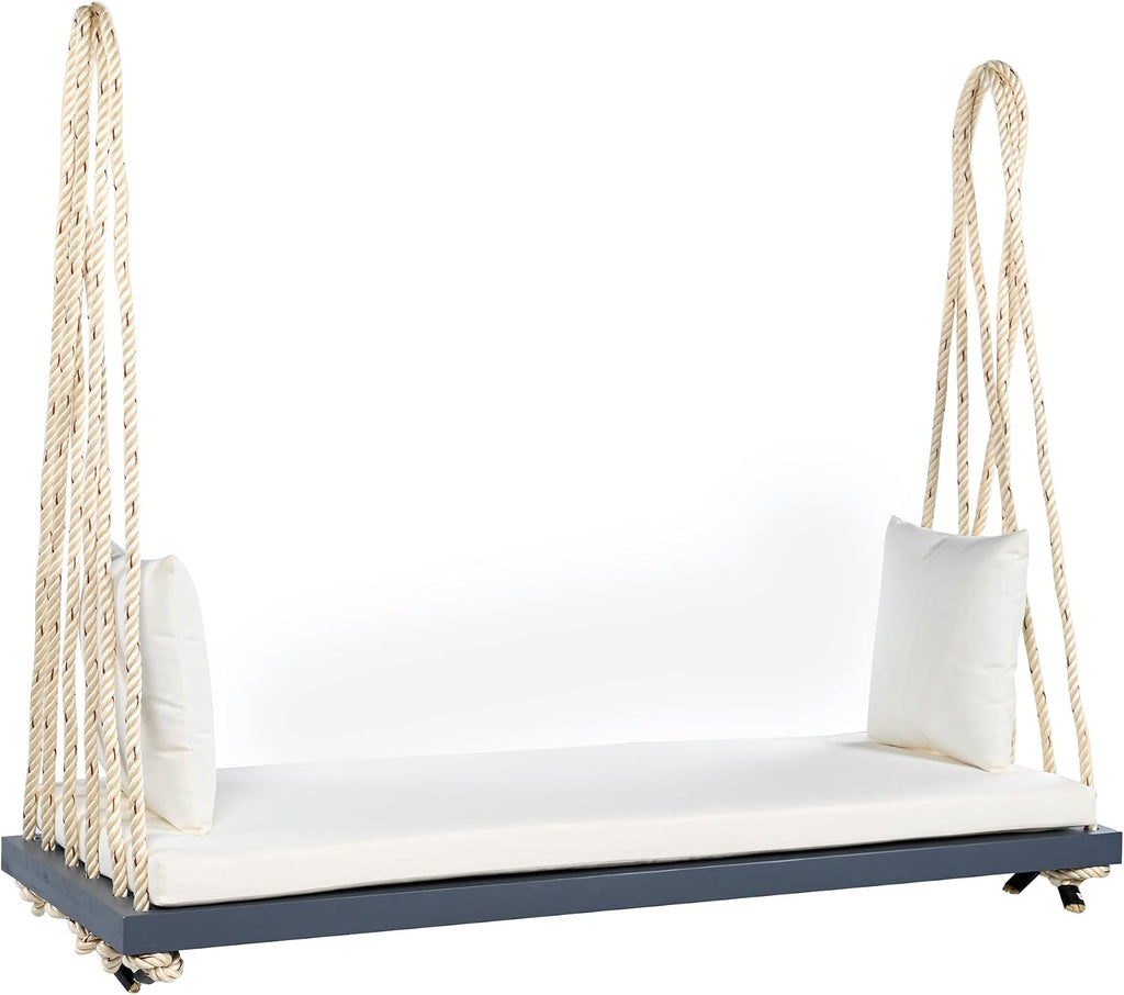 YOPTO Acacia Wood Porch Swing Bench with Cushion & Pillows, 63' Outdoor Hanging Bench for 2 Adults, Rustic Heavy Duty 10.8ft Ropes Swing Daybed for Patio Backyard Garden, White