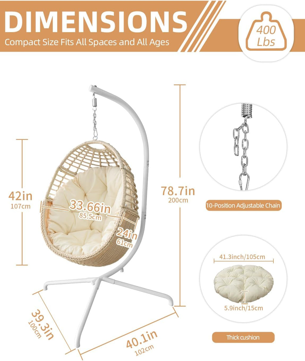 Hanging Egg Chair Swing Chair with Stand Wicker Rattan Chair for Indoor Outdoor Patio Bedroom Hammock Chair with Steel Frame and Cushion Beige