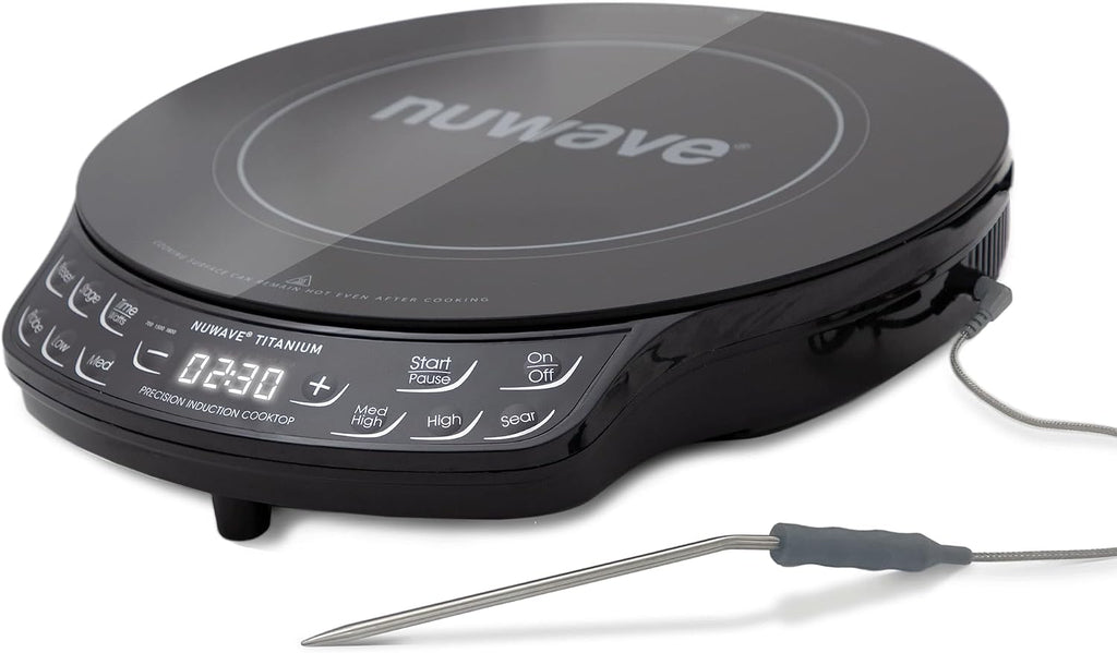 Nuwave Upgraded Induction Cooktop, 3 Wattage Control, Patented Digital Temp Probe, 8'Large Heating Coil, 12'Shatter-Proof Ceramic Glass,106 Temps-Ctrl