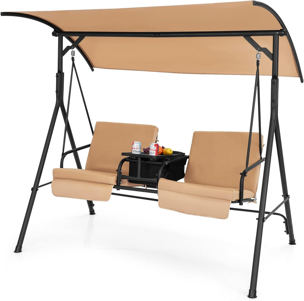 Tangkula 2 Person Porch Swing, Outdoor Swing with Pivot Storage Table, Cooler Bag, 2 Cup Holders, Removable Cushions, Patio Swing with Canopy for Backyard Balcony Poolside (Brown)