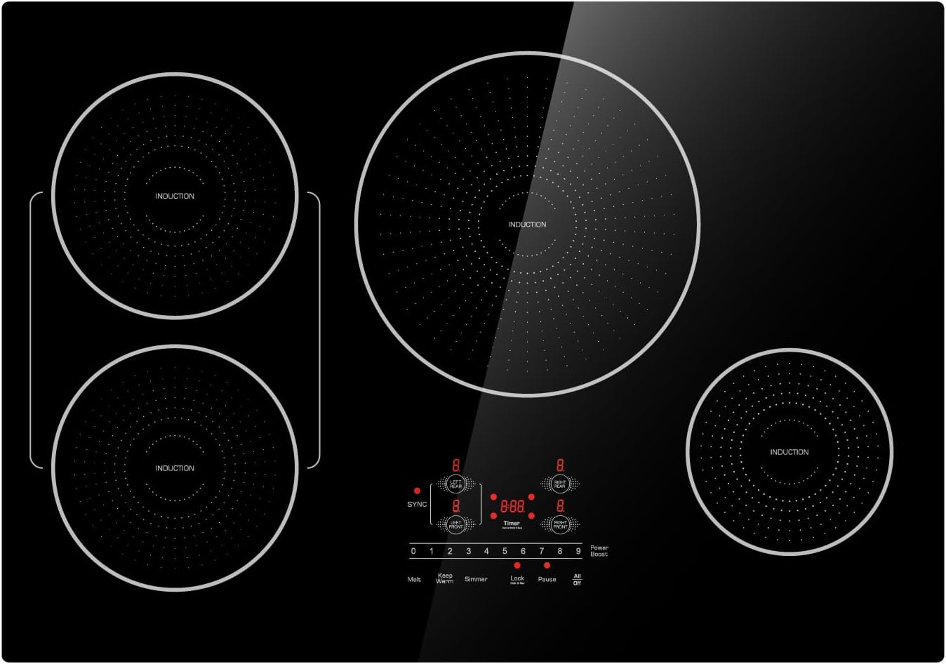30 Inch Induction Cooktop 4 Burners, Flat Glass Top Electric Stove Hob with Bridge-SYNC, 3 Preset Modes Booster, Timer, Pause, Child Lock, Drop in, 208~240V/40A, Black