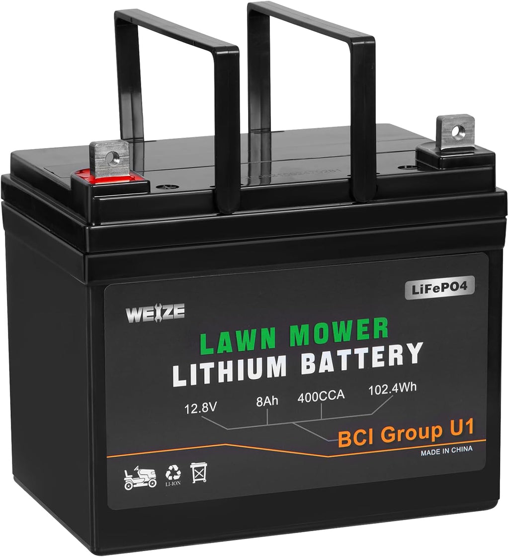 WEIZE 12.8V 8Ah Lithium Battery for Lawn Mower and Tractor, 400CCA BCI Group U1 LiFePO4 Batteries, Fits with John Deere, Toro, Cub Cadet, and Craftsman