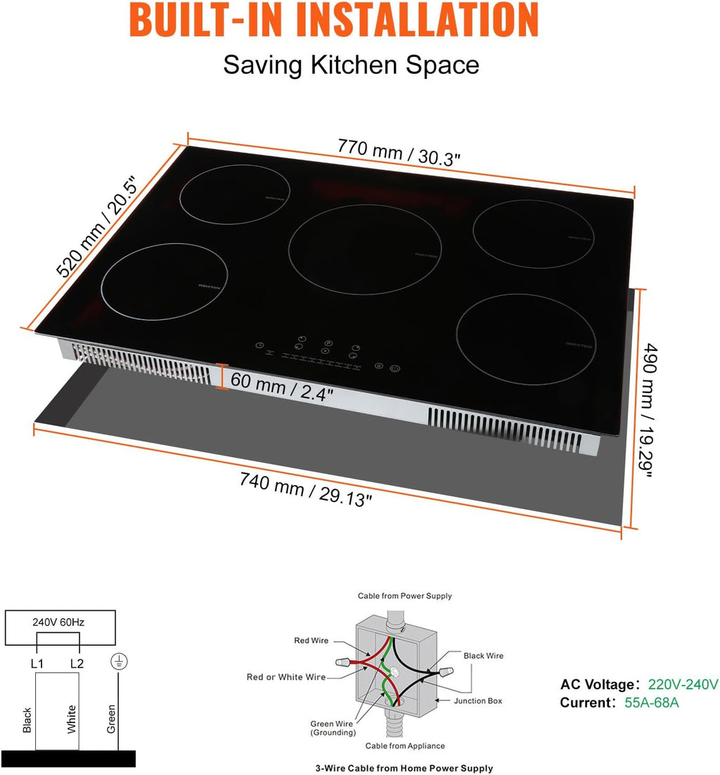 VEVOR Built-in Induction Electric Stove Top 30 Inch,5 Burners Electric Cooktop,9 Power Levels & Sensor Touch Control,Easy to Clean Ceramic Glass Surface,Child Safety Lock,240V