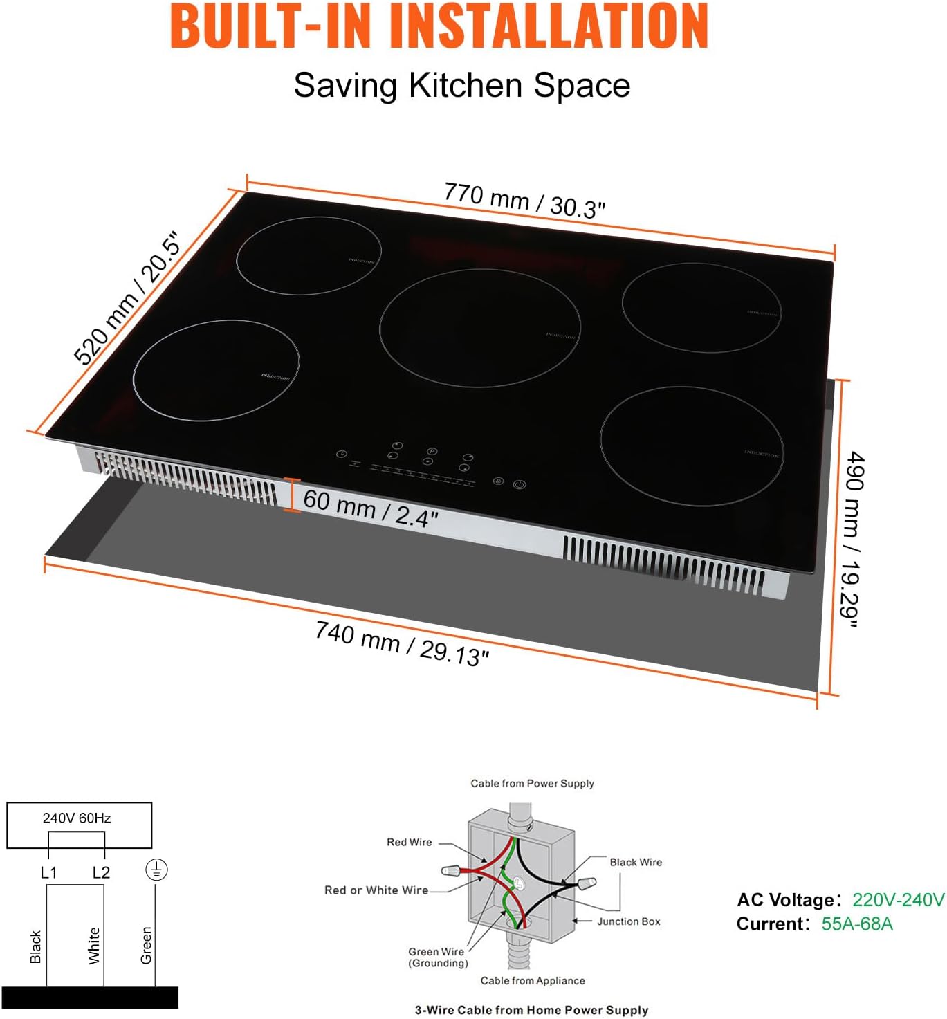 VEVOR Built-in Induction Electric Stove Top 30 Inch,5 Burners Electric Cooktop,9 Power Levels & Sensor Touch Control,Easy to Clean Ceramic Glass Surface,Child Safety Lock,240V