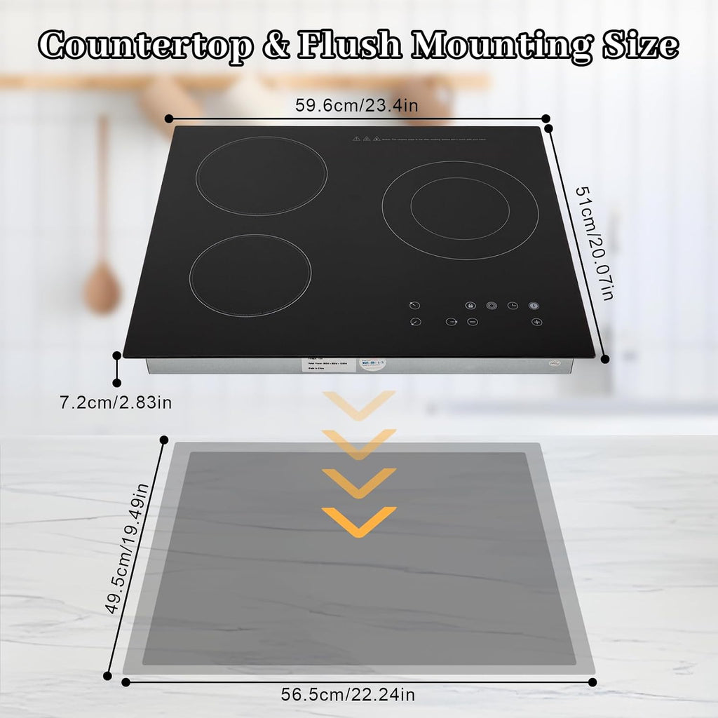2600W 110V Electric Ceramic Cooktop Portable 3 Burners Built-in Cooktop Sensor Touch Control Countertop Electric Hot Plate with Kid Safety Lock and Timer, 9 Heating Level(no plug)