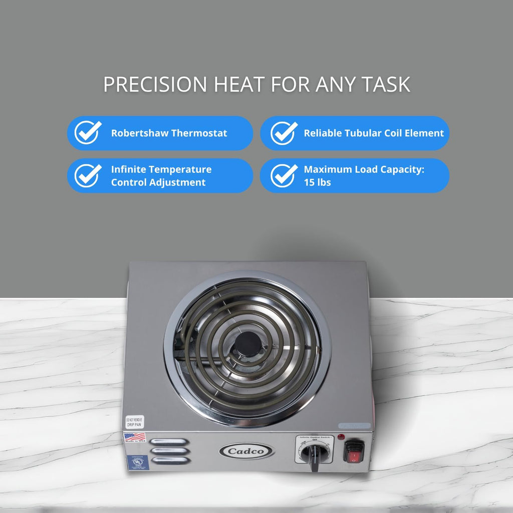 Cadco CSR-3T 14' Electric Portable Countertop Hi-Power Hot Plate w/One Tubular Burner for Restaurant Hotel Food Truck Concession Kiosk, Stainless Steel, 120v