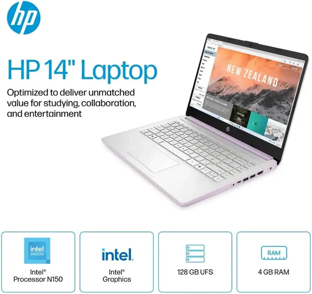 HP 14 Ultra-Light Laptop for Student & Home (14' LED, 1-Year Office 365, Intel 4-Core N150 (>N4120), 4GB RAM, 256GB Storage (128GB+128GB)), Long Battery Life, Fast Charge, Webcam, Win 11 S, Lavender