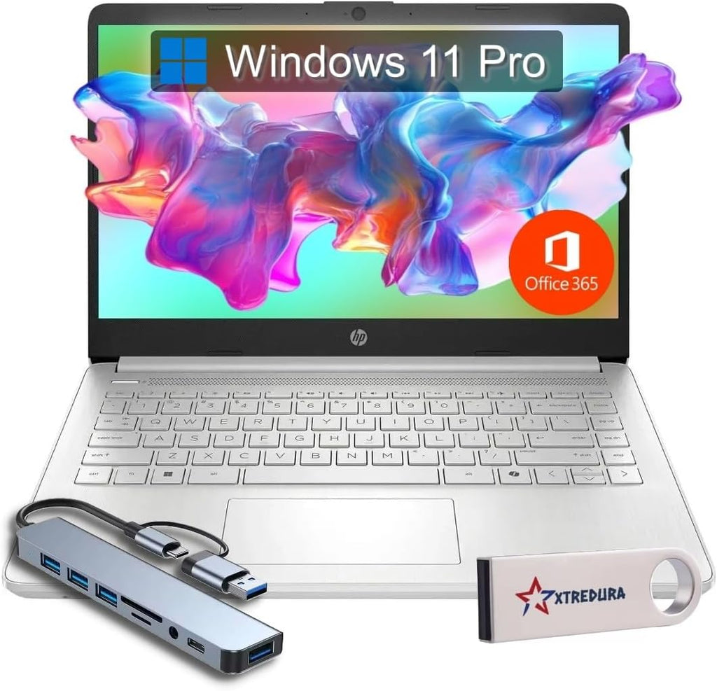 HP 14 Laptop Ultra Thin & Light, Intel N150 Quad-Core Processor, 16G RAM, 128GB SSD, HDMI, USB-C, WiFi 6, SD Card Reader, Microsoft Office 365 Included, Windows 11, Silver, XtreDura Accessories
