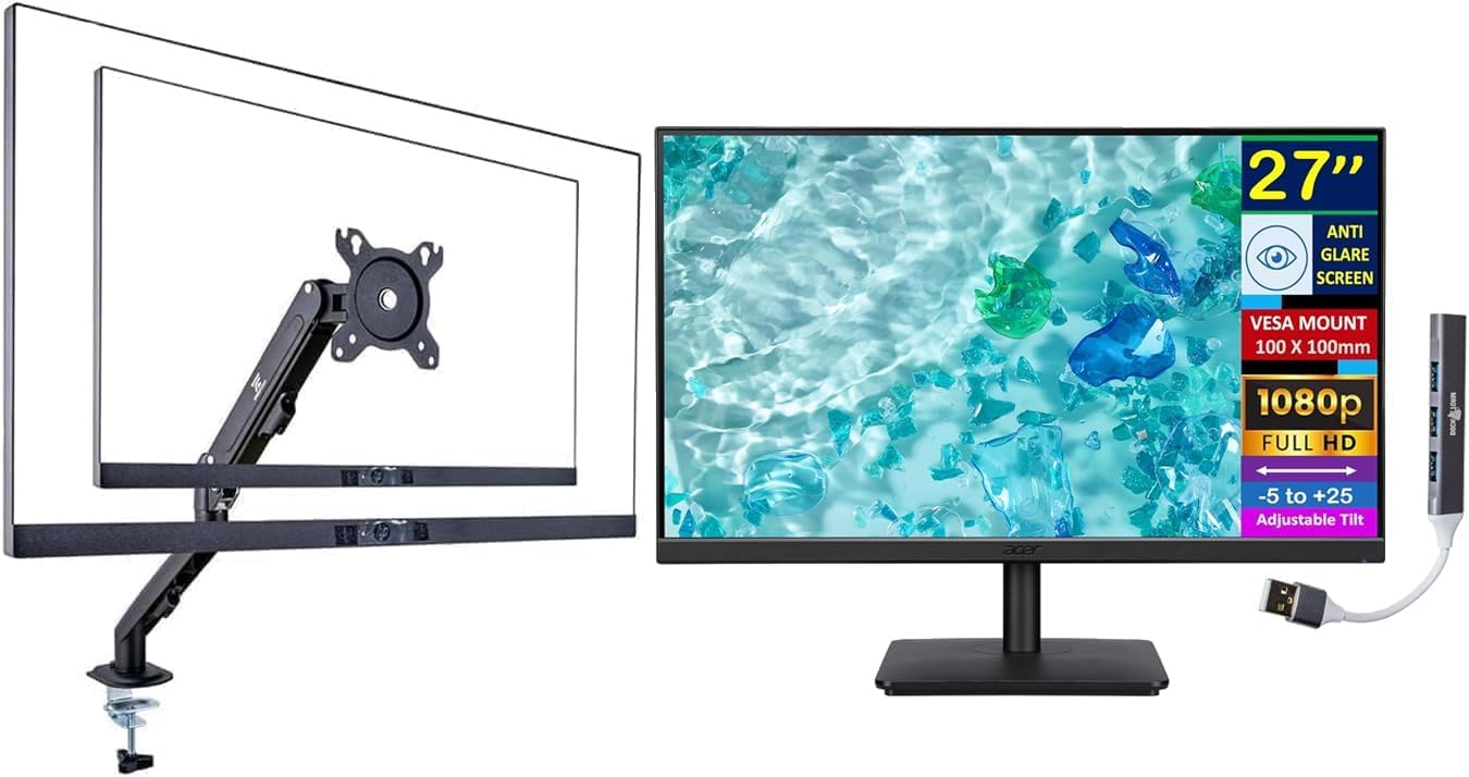 acer 27' FHD IPS Monitor w/ 4ms Response Time, Anti Glare, VESA Mount (100mm), HDMI, VGA & Black Color with Dockztorm Hub & ErgoFlexy Single Monitor Mount