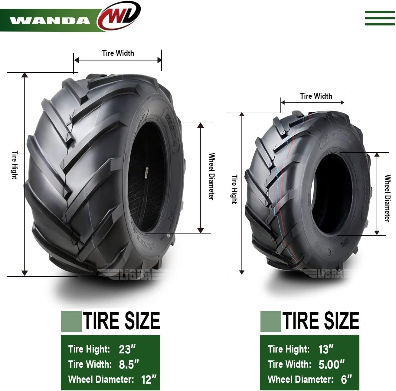 WANDA Set 4 13X5-6 & 23X8.5-12 Lawn Mower Agriculture Farm Tractor Cart Turf Tires 13077-13073