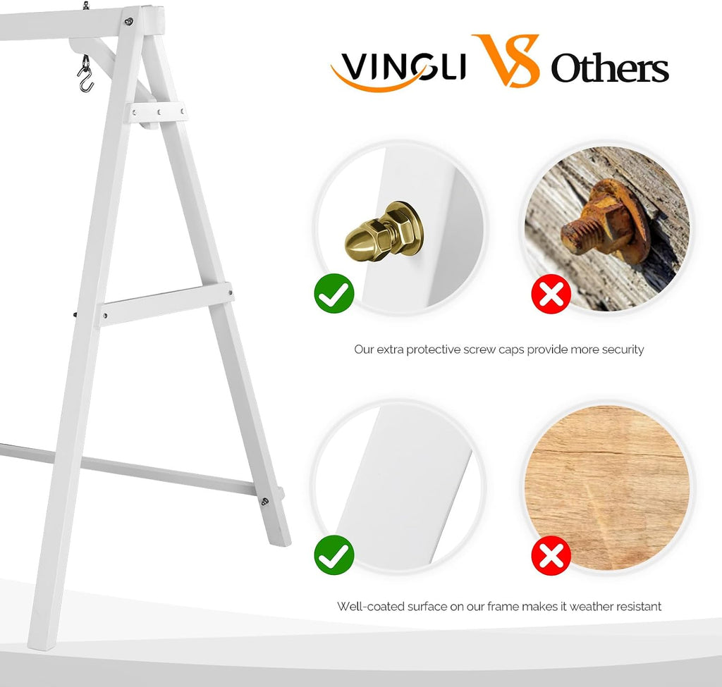 VINGLI 5 FT Outdoor Porch Swing with Frame, Heavy Duty 880 LBS Patio Hanging Swing with Stand for Backyard & Garden, White