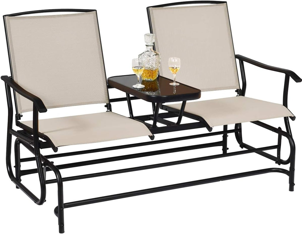 Giantex Patio Bench Glider Chair with Metal Frame, Center Tempered Glass Table, Outside Double Rocking Swing Loveseat for Porch, Garden, Poolside, Balcony, Lawn Rocker Outdoor Glider Bench(Beige)