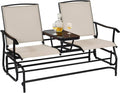 Giantex Patio Bench Glider Chair with Metal Frame, Center Tempered Glass Table, Outside Double Rocking Swing Loveseat for Porch, Garden, Poolside, Balcony, Lawn Rocker Outdoor Glider Bench(Beige)