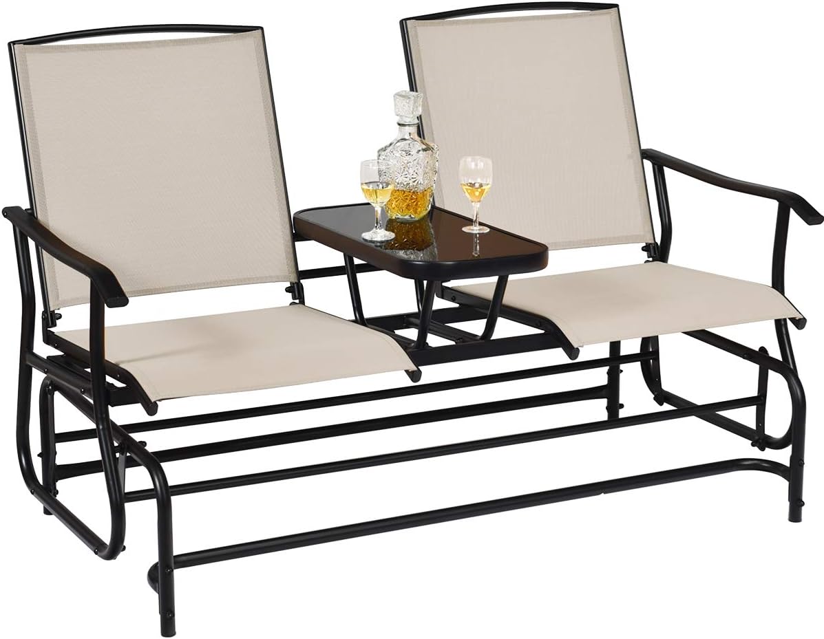 Giantex Patio Bench Glider Chair with Metal Frame, Center Tempered Glass Table, Outside Double Rocking Swing Loveseat for Porch, Garden, Poolside, Balcony, Lawn Rocker Outdoor Glider Bench(Beige)