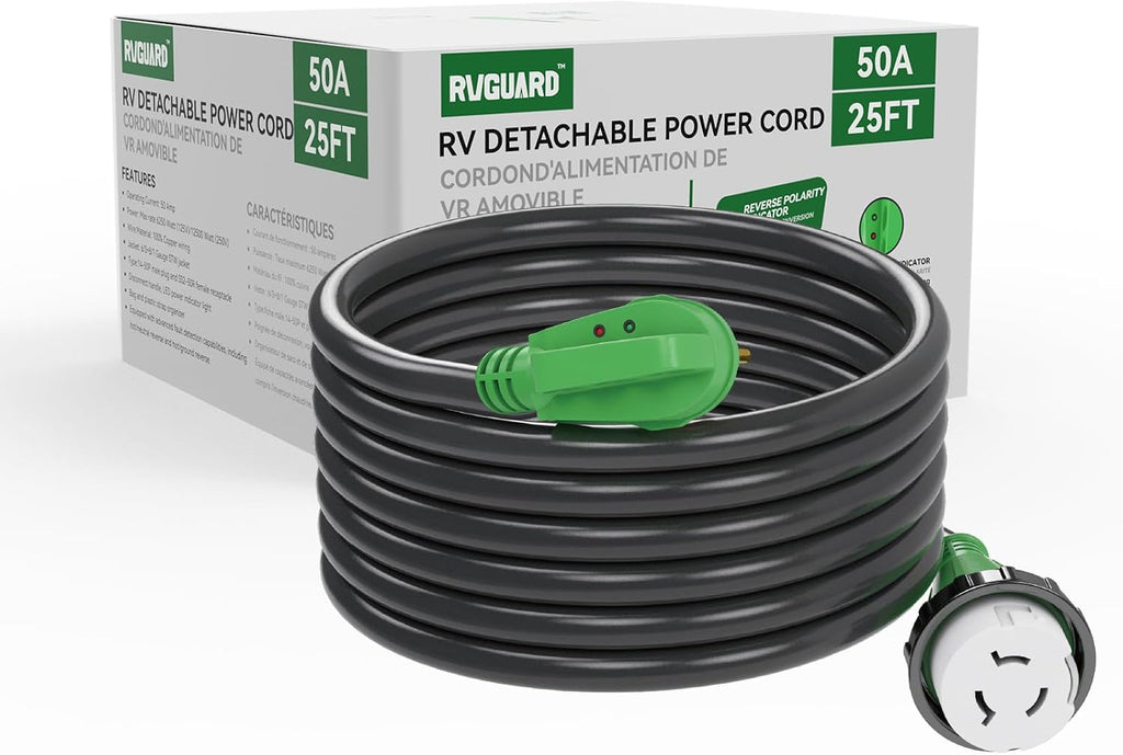 RVGUARD 50 Amp 25 Foot RV Power Cord with Reverse Polarity Indicator, 14-50P to SS2-50R Generator Extension Cord, Heavy Duty STW Cord with LED Power Indicator and Cord Organizer, Green, ETL Listed
