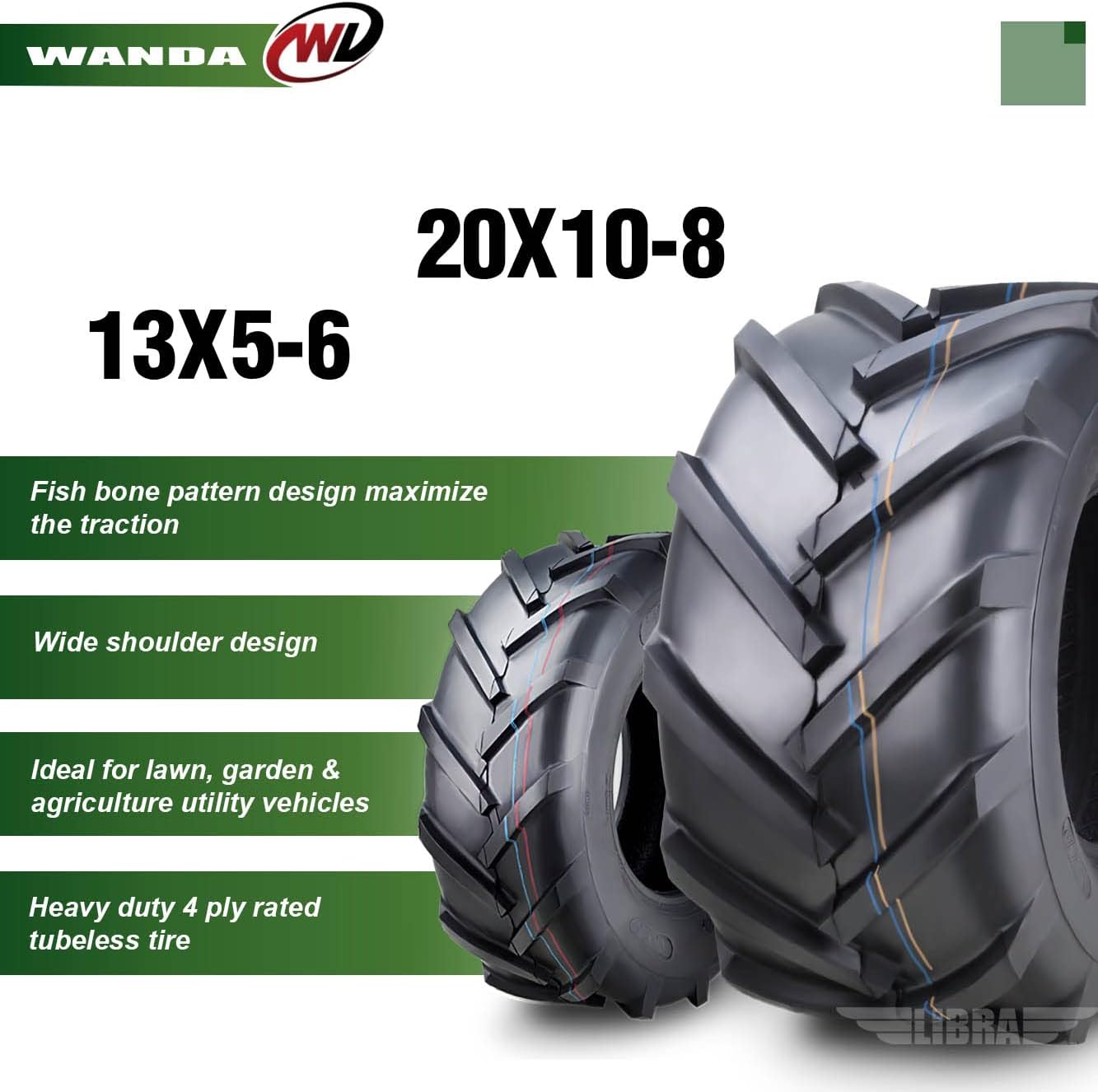 WANDA Set 4 13X5-6 & 20X10-8 Lawn Mower Agriculture Farm Tractor Tires Super Lug 4 Ply-13077/13071
