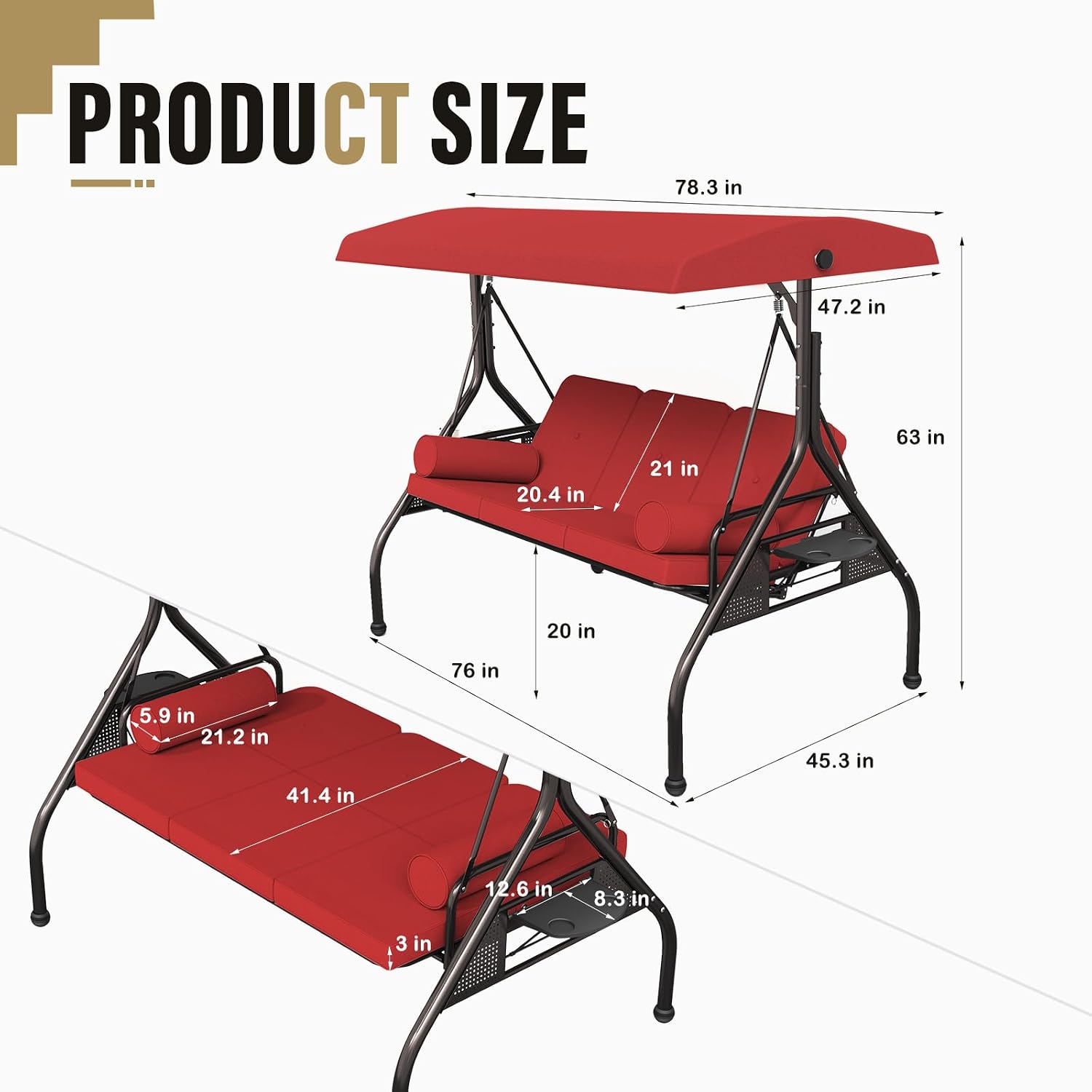 Betterland 3-Seat Patio Swing Chair, Outdoor Porch Swing with Pillows, Cushions & Cup Holders, Adjustable Canopy Outside Bench Swing for Backyard, Porch, Garden(Red)