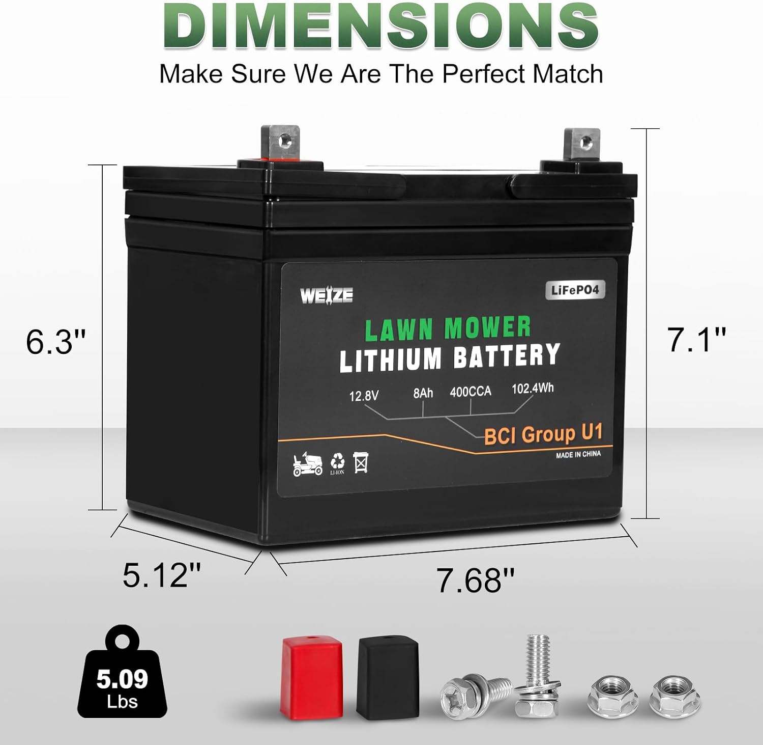 WEIZE 12.8V 8Ah Lithium Battery for Lawn Mower and Tractor, 400CCA BCI Group U1 LiFePO4 Batteries, Fits with John Deere, Toro, Cub Cadet, and Craftsman