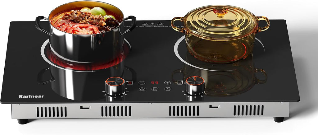 Karinear Electric Cooktop 2 Burner, 110V Electri Stove Top, 2000W Knob Control & Sensor Touch Electric Hot Plate for Countertop or Built-in Install, Timer, Safety Lock, 9 Power Level, 24 Inch