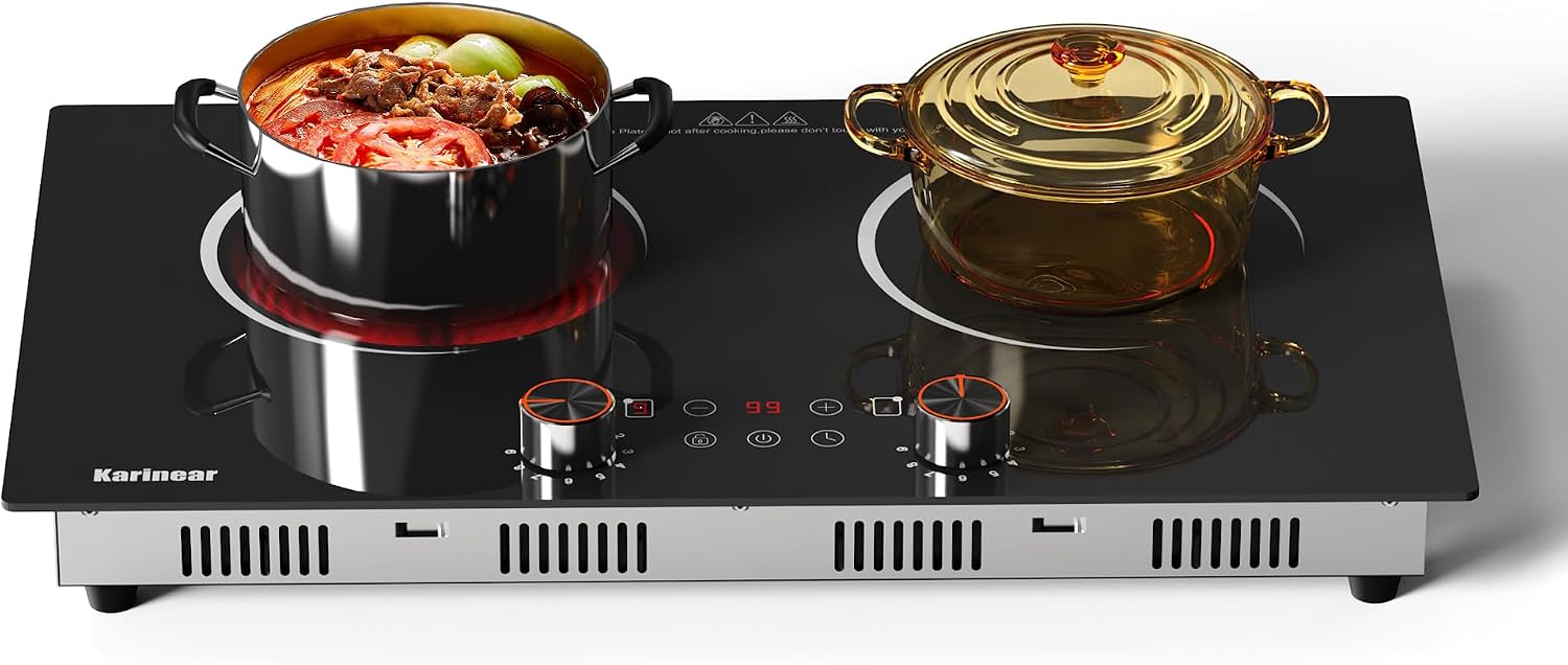 Karinear Electric Cooktop 2 Burner, 110V Electri Stove Top, 2000W Knob Control & Sensor Touch Electric Hot Plate for Countertop or Built-in Install, Timer, Safety Lock, 9 Power Level, 24 Inch