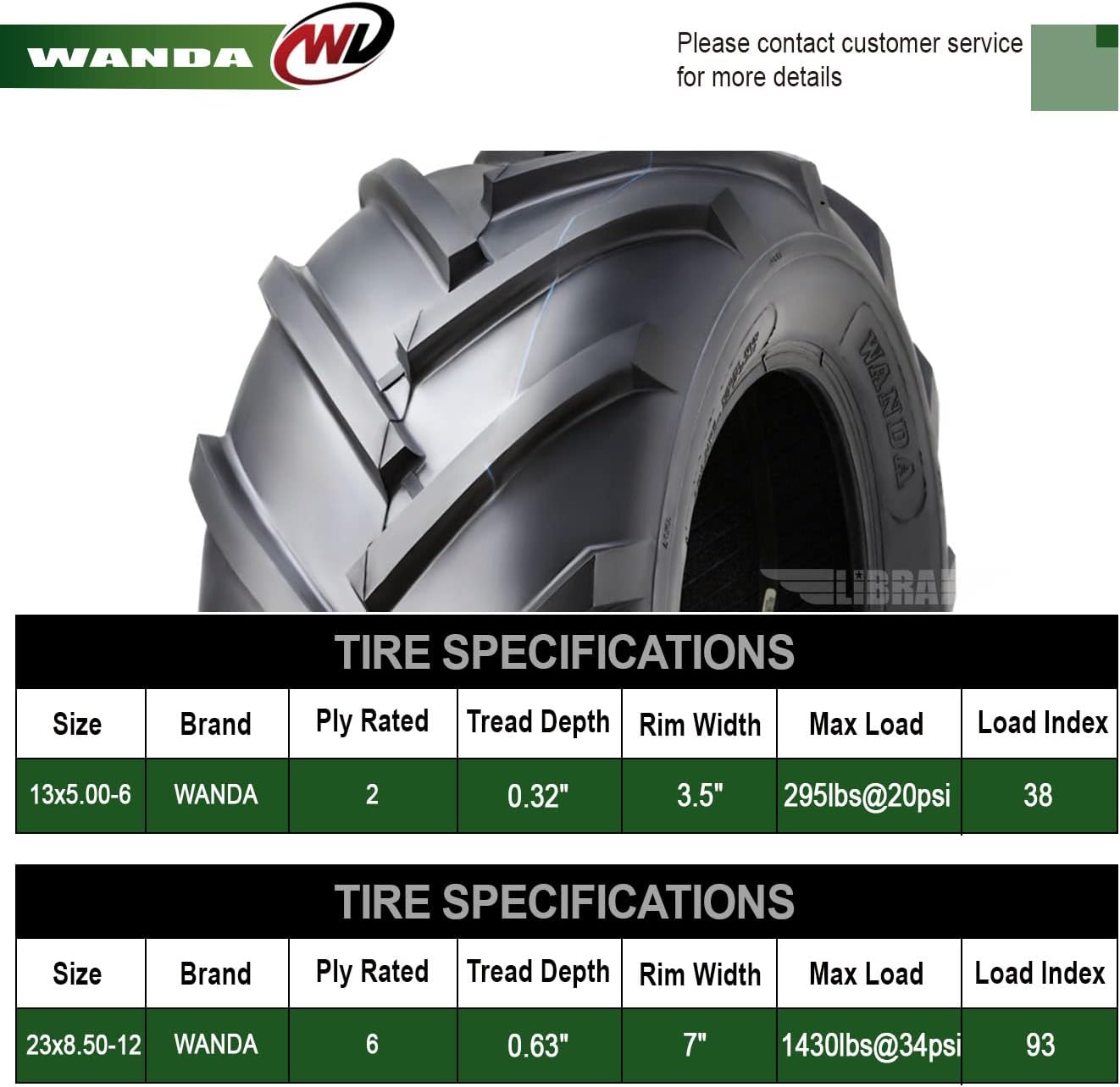 WANDA Set 4 13X5-6 & 23X8.5-12 Lawn Mower Agriculture Farm Tractor Cart Turf Tires 13077-13073