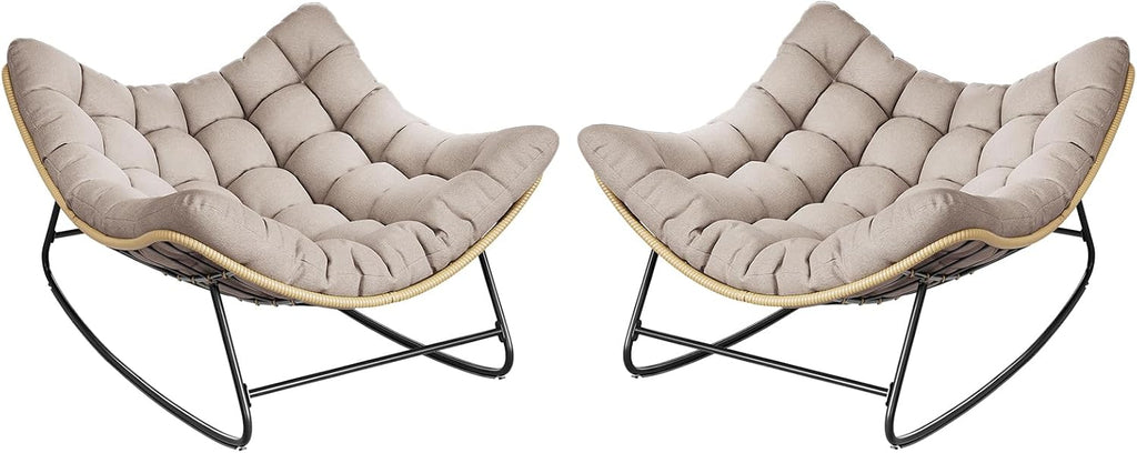 Outdoor Rocking Chair, 2 PCS Indoor Papasan Chairs, Oversized Egg Rocking Chair with Thick Cushion, Rattan Wicker Rocker Lounge Chair for Bedroom, Living Room, Patio, Garden, Porch (Beige)