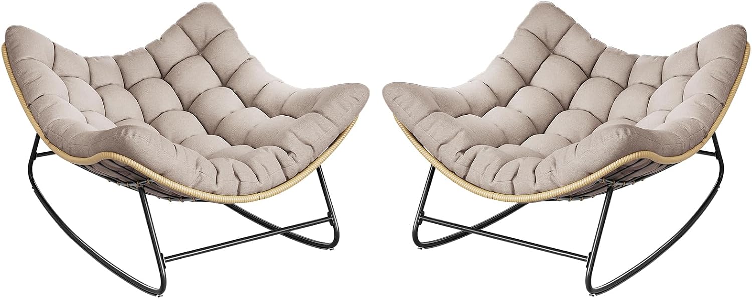 Outdoor Rocking Chair, 2 PCS Indoor Papasan Chairs, Oversized Egg Rocking Chair with Thick Cushion, Rattan Wicker Rocker Lounge Chair for Bedroom, Living Room, Patio, Garden, Porch (Beige)