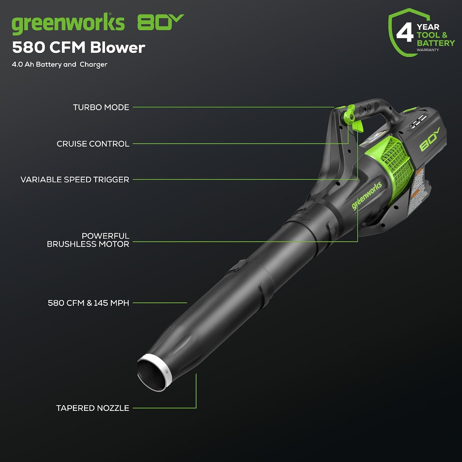 Greenworks 80V 21' Brushless (Self-Propelled) Cordless Electric Lawn Mower + (580 CFM) Axial Leaf Blower (75+ Compatible Tools), 4.0Ah Battery and 60 Minute Rapid Charger, Green and Black