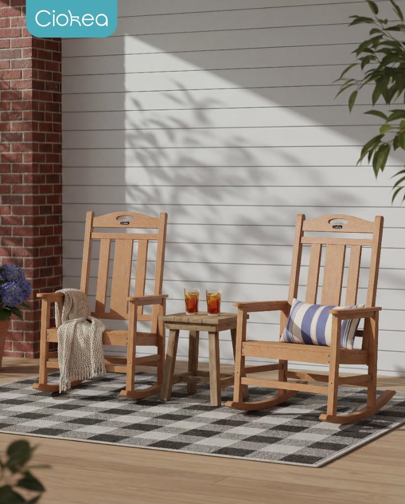 Ciokea Oversized Outdoor Rocking Chairs Set of 6, 380lbs Heavy-Duty Large Patio Rocker, High Back Cozy Porch Chairs, Weather Resistant Patio Rocking Chairs for Outside, Fire Pit, Deck, Teak