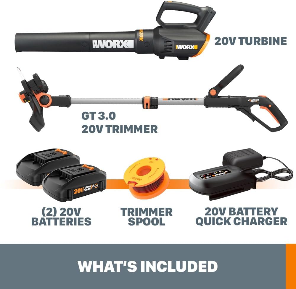 WORX 20V 12'' Cordless String Trimmer & 360 CFM Leaf Blower Combo, 2 Batteries & Charger Included, WG928