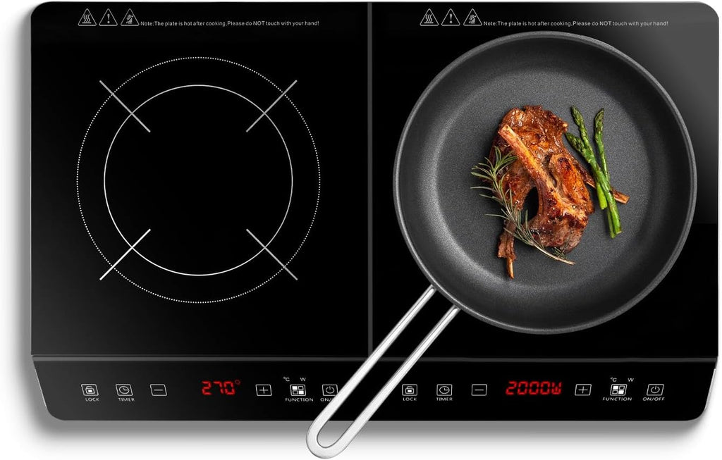 Double Induction Cooktop, 4000W Portable Induction Cooker with 2 Burner Independent Control, Electric Stove with 9 Level Temperature Control, 3 Hour Timer, Safety Lock