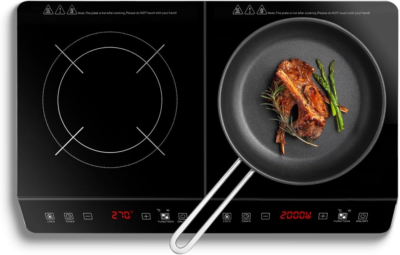 Double Induction Cooktop, 4000W Portable Induction Cooker with 2 Burner Independent Control, Electric Stove with 9 Level Temperature Control, 3 Hour Timer, Safety Lock