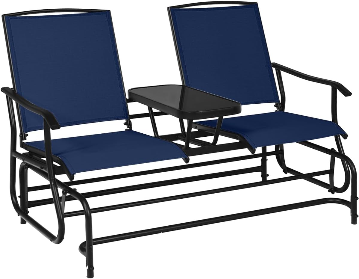 Giantex Outdoor Glider, Rocking Chair with Metal Frame, Center Tempered Glass Table, 2-Person Loveseat, Patio Glider Bench, Outside Swing Chair for Garden Yard Lawn Porch Patio Rocker (Navy)