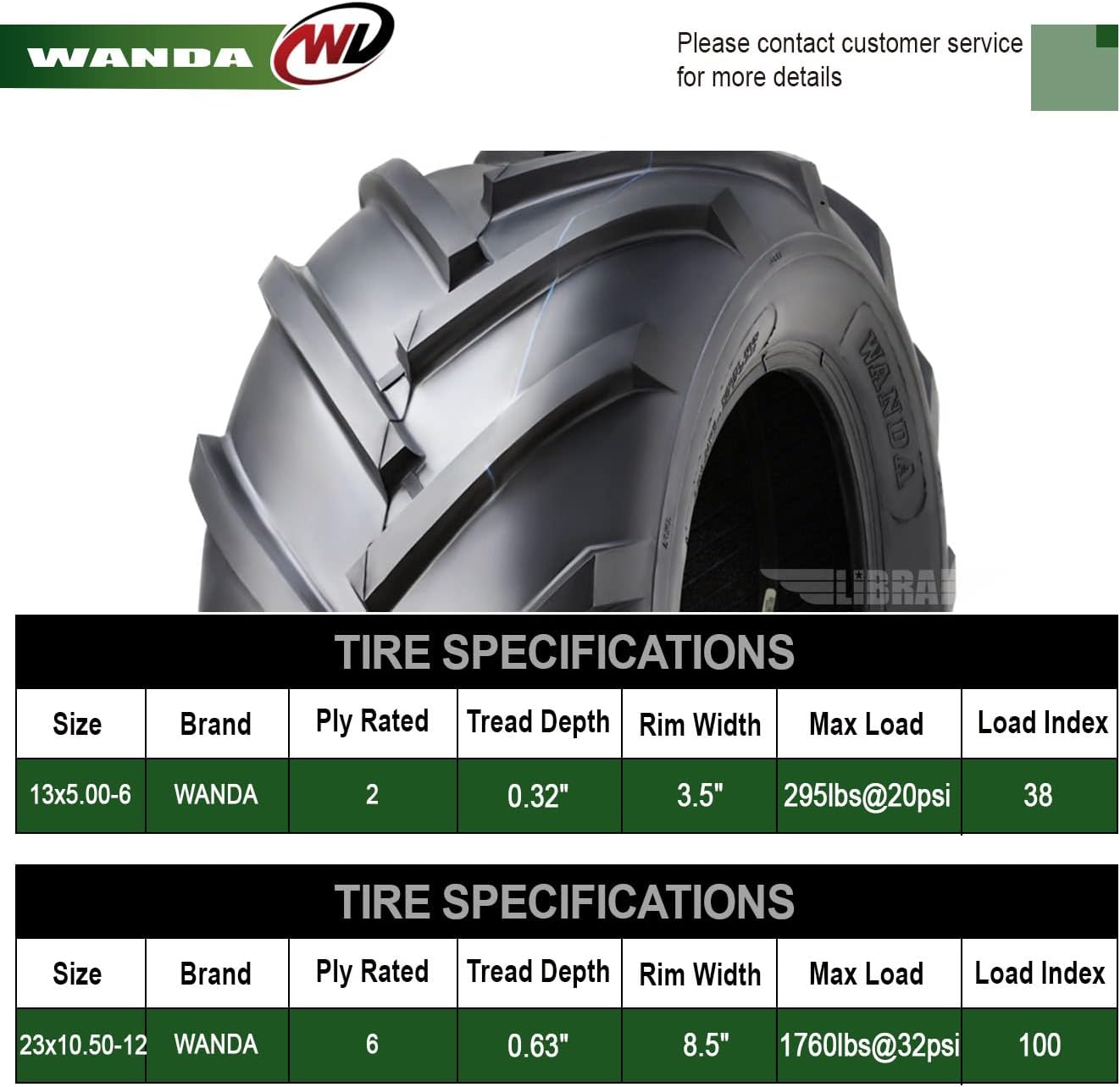 WANDA Set 4 13X5-6 & 23X10.5-12 Lawn Mower Agriculture Farm Tractor Cart Turf Tires 13077-13075