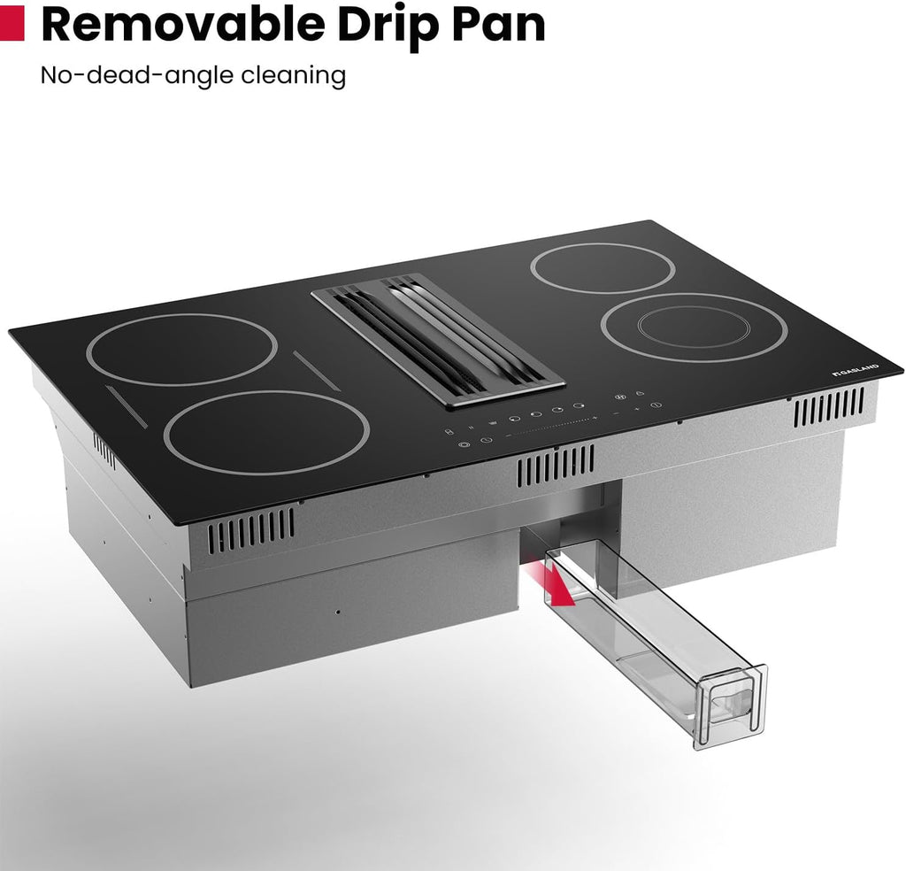 GASLAND Electric Cooktop with Downdraft 31.5 Inch(80cm), 4 Burners Glass Radiant Stovetop 220V, 3-speed Max. 330 CFM Downdraft Exhaust