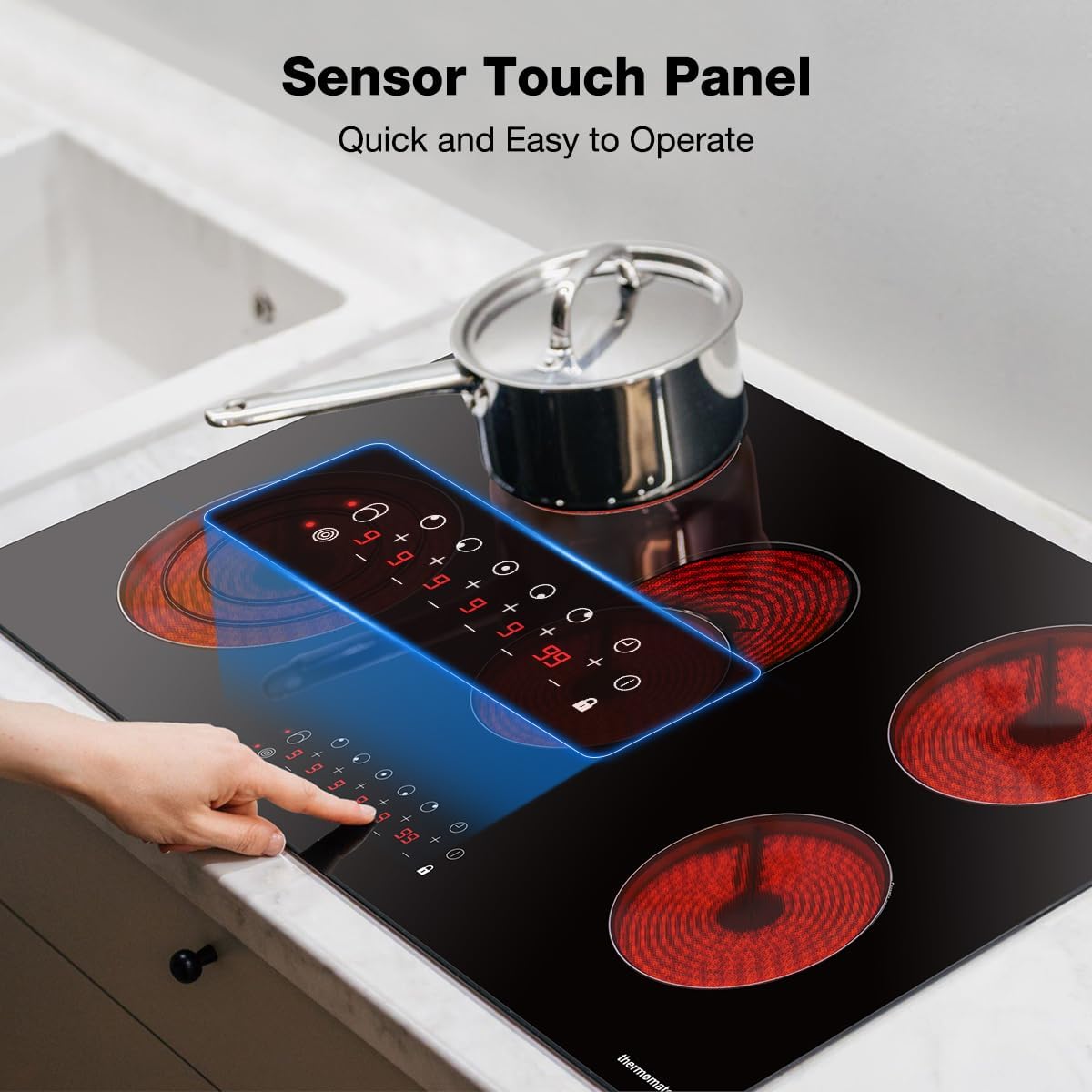 ThermoMate 36 Inch Electric Cooktop 5 Burners, 36' Built in Radiant Electric Stove Top, 8500W Ceramic Cooktop with Touch Control, 9 Heating Level, Chlid Lock & Timer, 220-240V Hard Wire ETL Listed