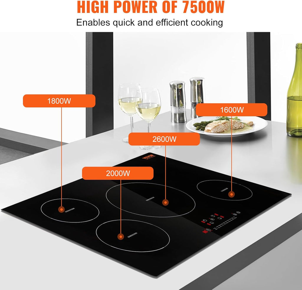 VEVOR Electric Cooktop, 4 Burners, 30'' Induction Stove Top, Built-in Magnetic Cooktop 7500W, 9 Heating Level Multifunctional Burner, LED Touch Screen w/Child Lock & Over-Temperature Protection