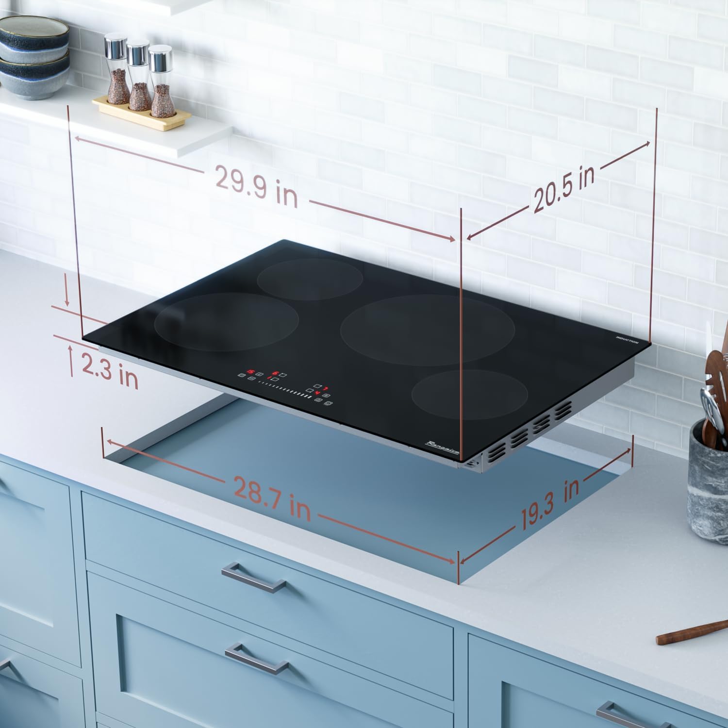 Rangaire RCI301S 30' Induction Cooktop, 8100W, 4 Burners, Built-in Stove Top, Booster & Timer, 9 Power Levels, Slide Touch Control, Child Safety Lock, 240V Hard Wire, Ceramic Surface