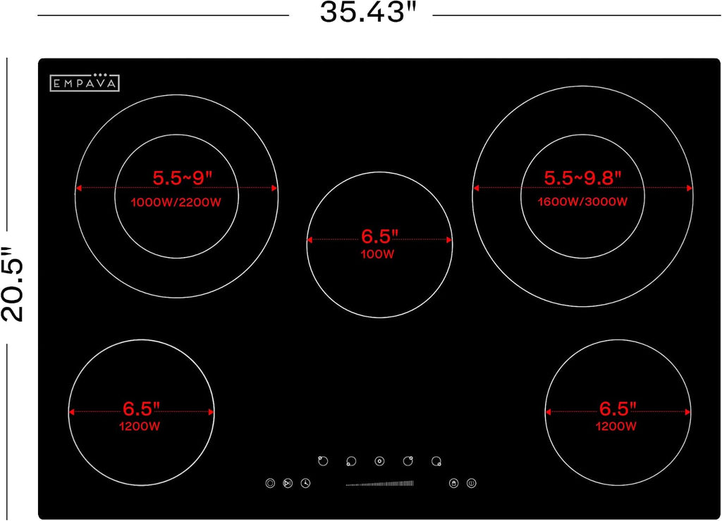 Empava 36 Inch Electric Ceramic Cooktop, 5 Radiant Burners with Dual-Ring Rear Zones & 100W Warmer, Touch Slider Controls, Stop & Go, Child Lock, Built-in, ETL Certified
