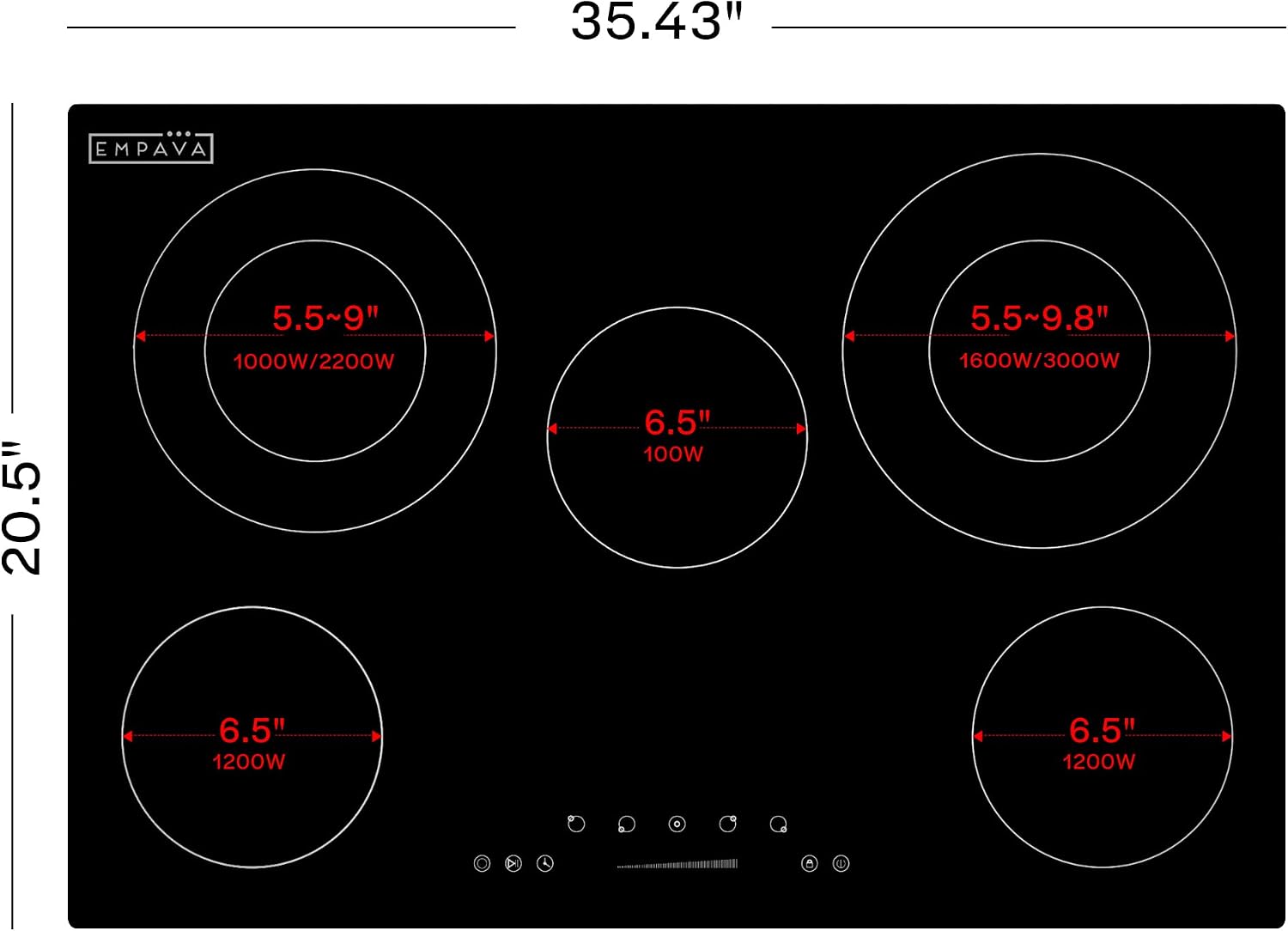 Empava 36 Inch Electric Ceramic Cooktop, 5 Radiant Burners with Dual-Ring Rear Zones & 100W Warmer, Touch Slider Controls, Stop & Go, Child Lock, Built-in, ETL Certified