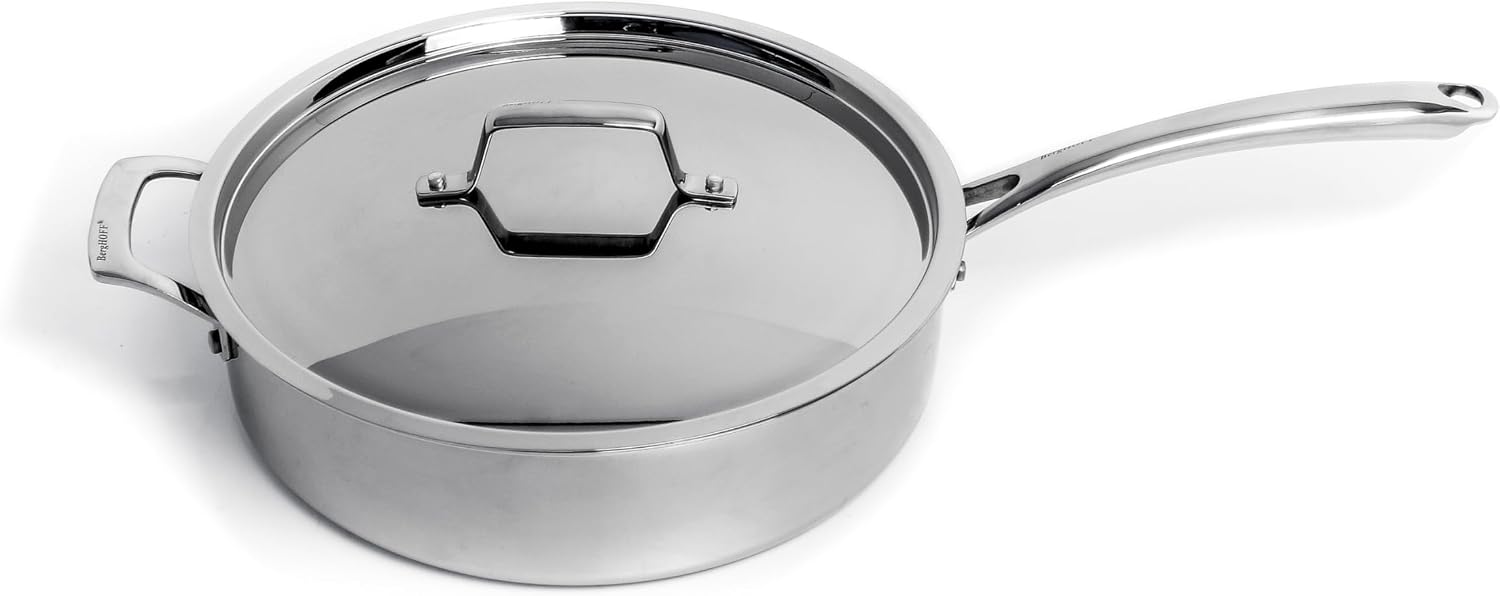 Berghoff Professional Tri-ply 18/10 Stainless Steel Sauté Pan 11' 4.6 Qt. Safe Grip Handle Matching Lid Induction Cooktop Measurement Markings Inside Fast & Even Heat Oven Safe