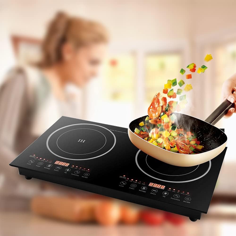 110V 2400W Portable Induction Cooktop Electric Dual Induction Cooker Cooktop Digital Ceramic Black Crystal Panel Countertop Double Burner (1200W Induction cooker+1200W Induction cooker)