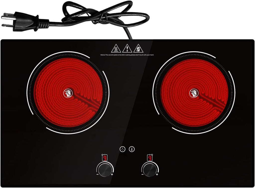 4000W Electric Cooktop: 24' Electric Stove 2 Burner Hot Plate Double Burner, Knob Control Countertop & Built-in, 9 Power Levels, Child Lock, Timer, Suitable for All Pans