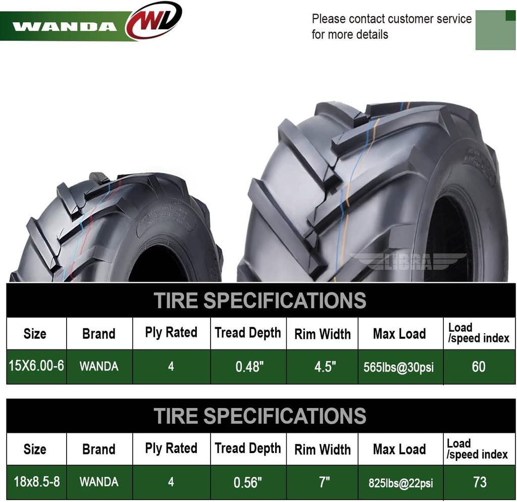 WANDA Set 4 15X6-6 & 18X8.5-8 Lawn Mower Agriculture Farm Tractor Tires Super Lug 4 Ply-13078/13079