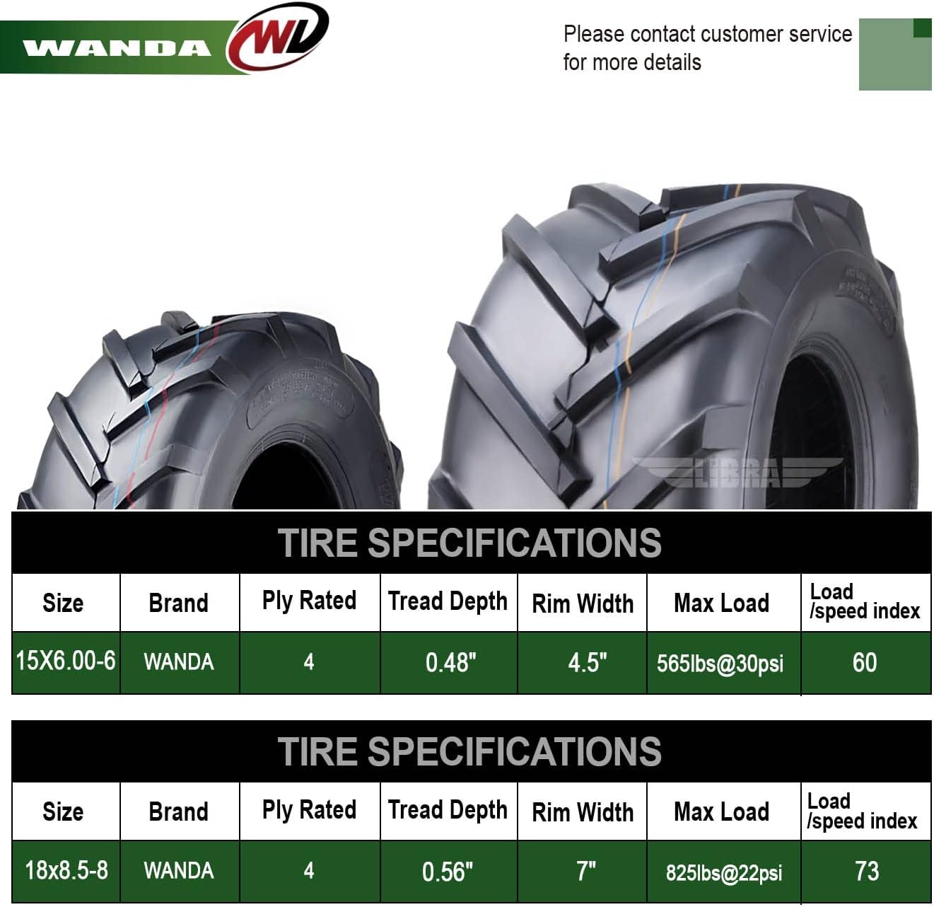 WANDA Set 4 15X6-6 & 18X8.5-8 Lawn Mower Agriculture Farm Tractor Tires Super Lug 4 Ply-13078/13079